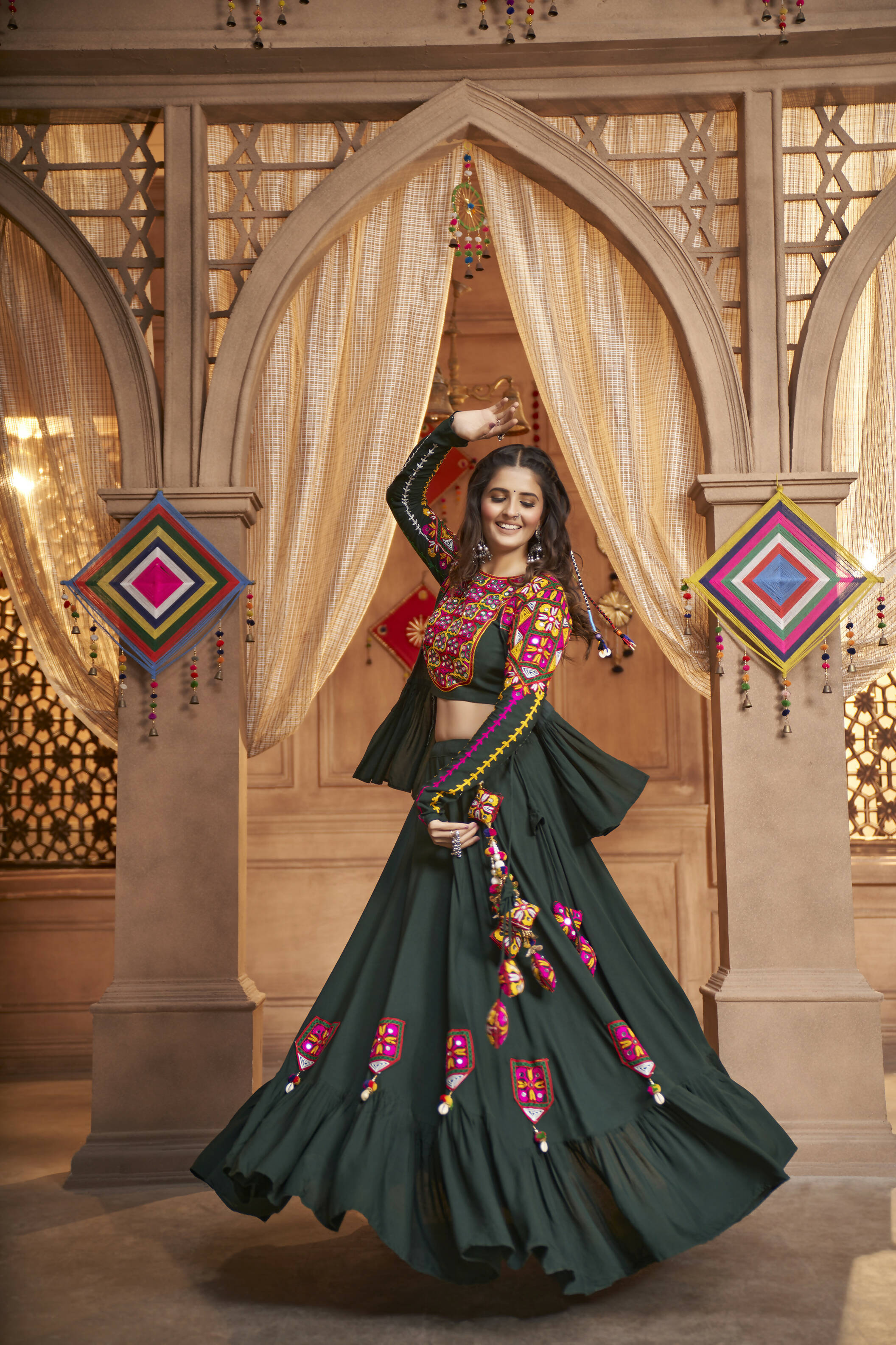 Green Viscose Rayon Thread Embroidered Work With Mirror All Over Navratri Lehenga Choli With Dupatta - Raas | Grocsy