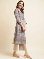 Grey Poly Rayon Stripe Printed Straight Fit Kurta - Prasuti | Grocsy