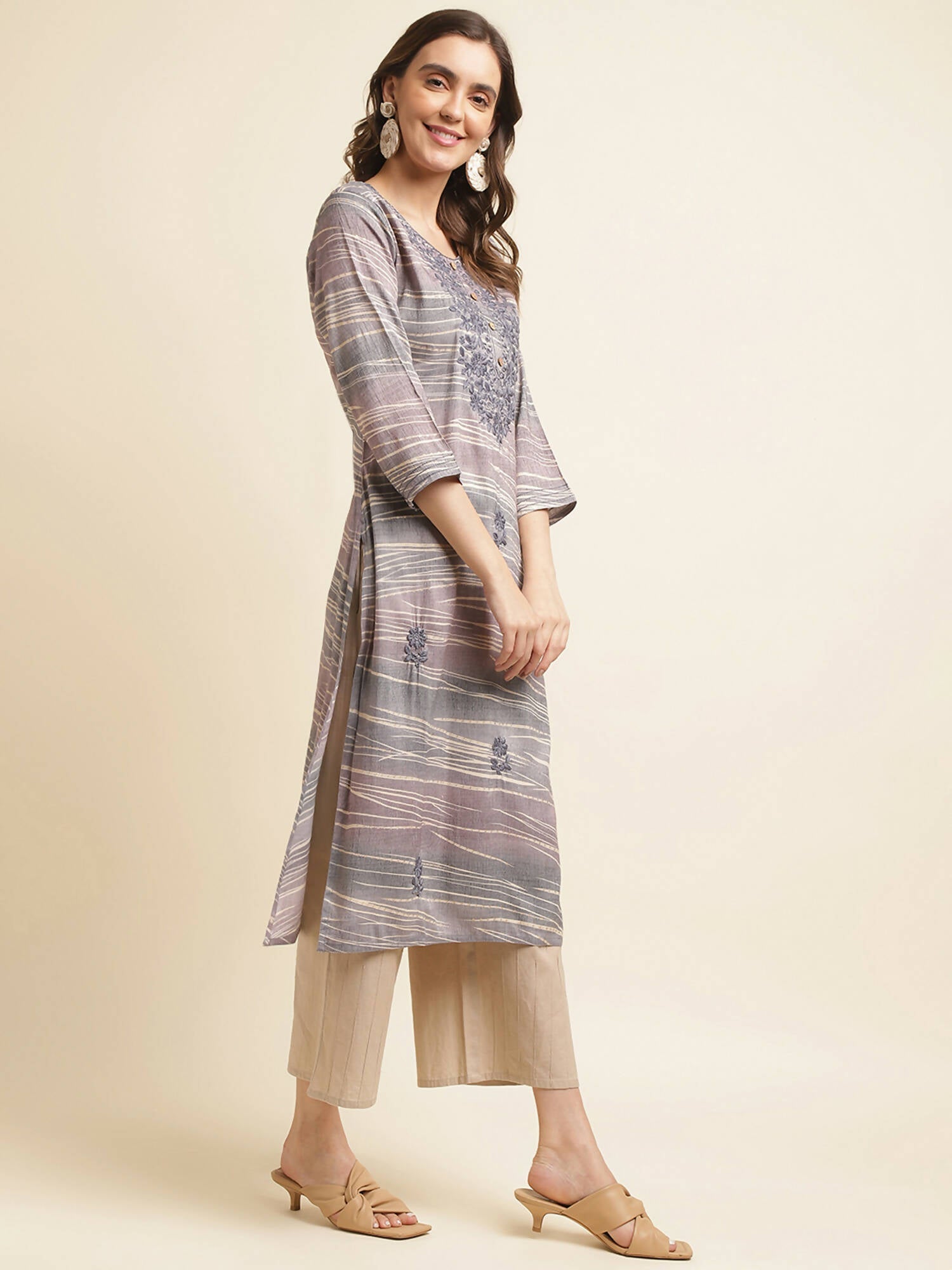Grey Poly Rayon Stripe Printed Straight Fit Kurta - Prasuti | Grocsy