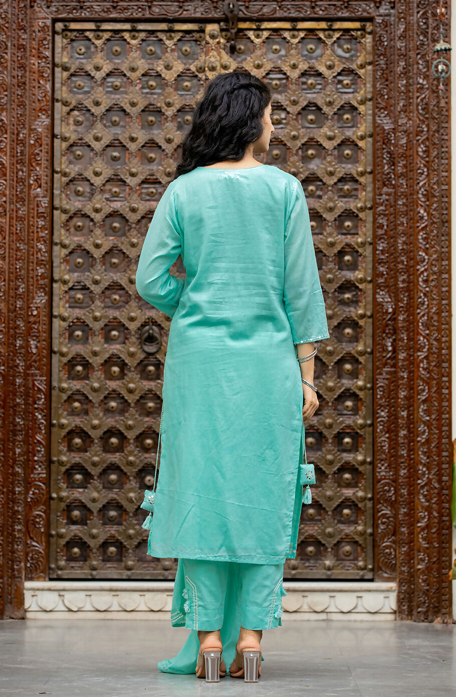 Kaajh Women's Sky Blue Mirror Embellished Cotton Suit Set | Grocsy
