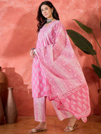 Joban Fashion Printed Pink Pure Cotton Kurta Set | Grocsy