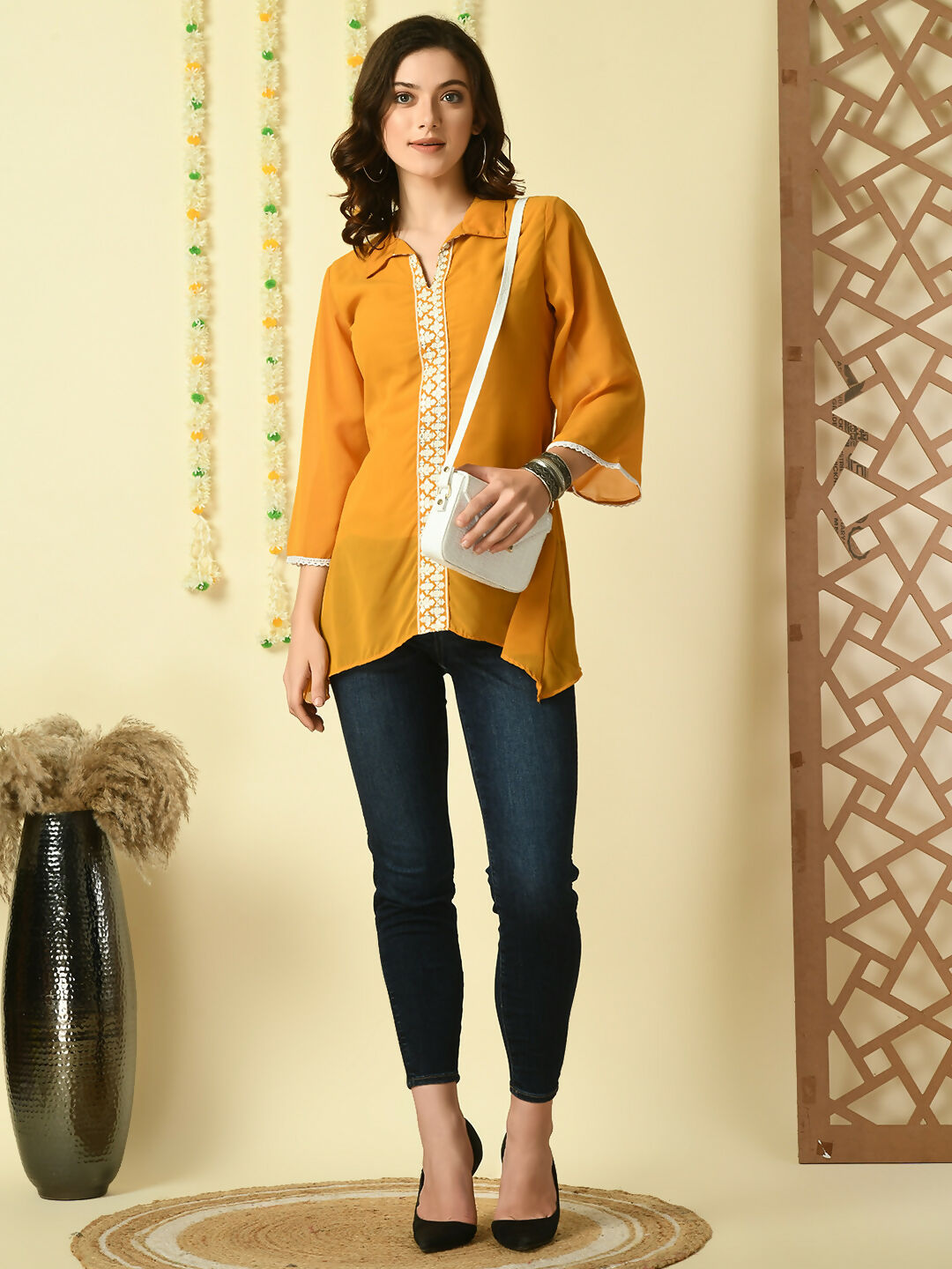Myshka Women's Mustard Embroidered Party Fusion Top | Grocsy