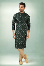 Raivat Ethnic Art Silk Printed Work Kurta Pajama In Green Colour | Grocsy