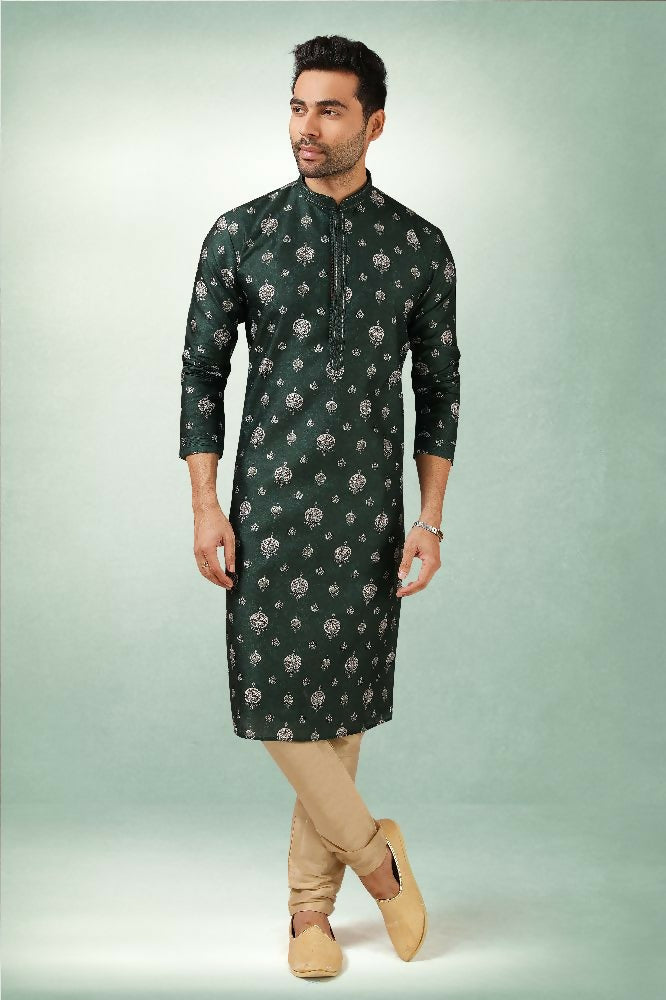 Raivat Ethnic Art Silk Printed Work Kurta Pajama In Green Colour | Grocsy