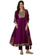 The52 Wine Women's Gorgeous Embroidered Work Vichitra Silk Fabric Flared Kurta Pant and Dupatta Set | Grocsy