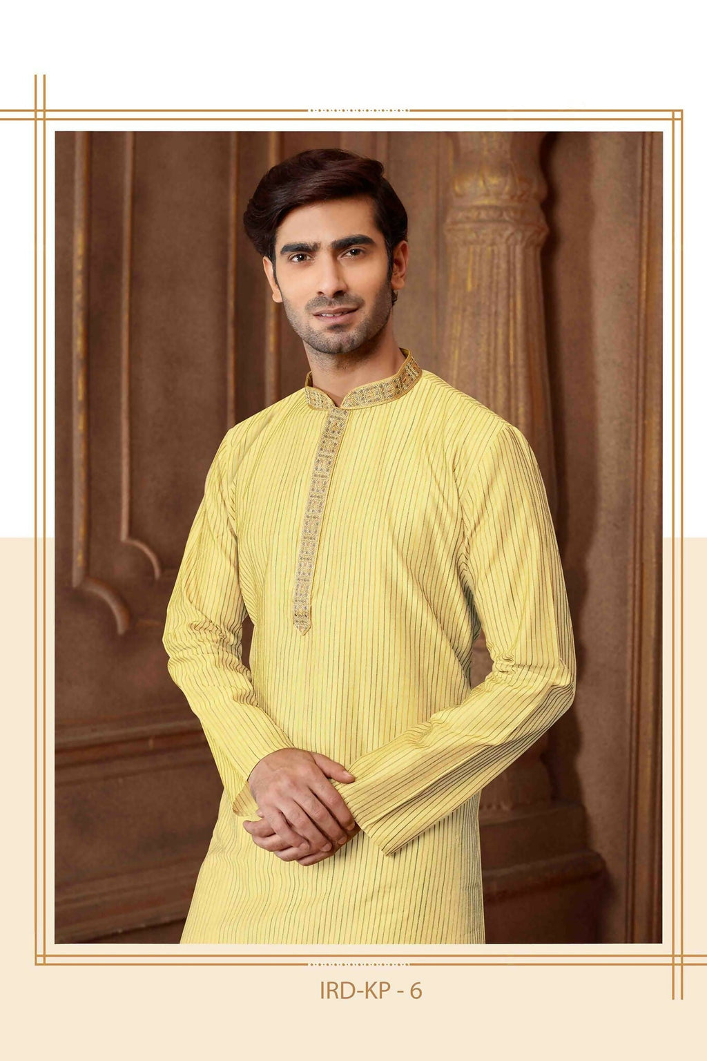 Joban Fashion Light Yellow art Silk Blend Strips kurta Pyjama | Grocsy