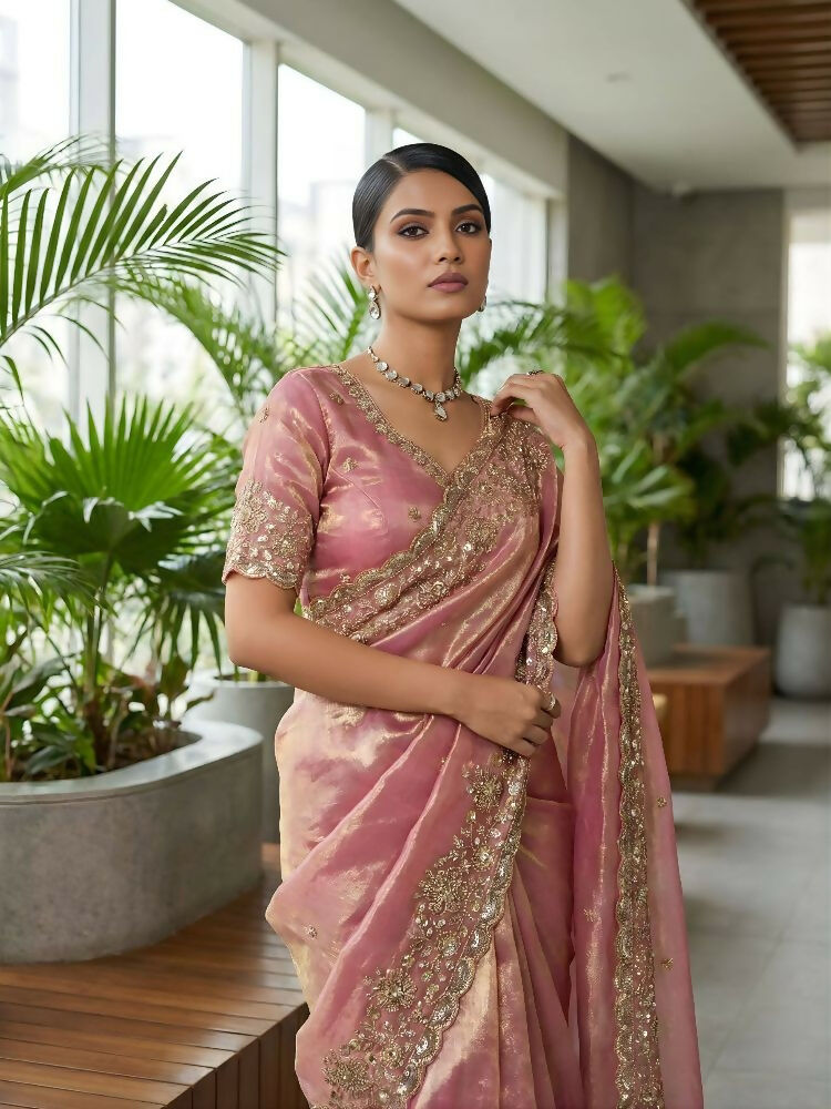 Joban Fashion Pink Fandy Satin Silk Party Wear Sarees | Grocsy
