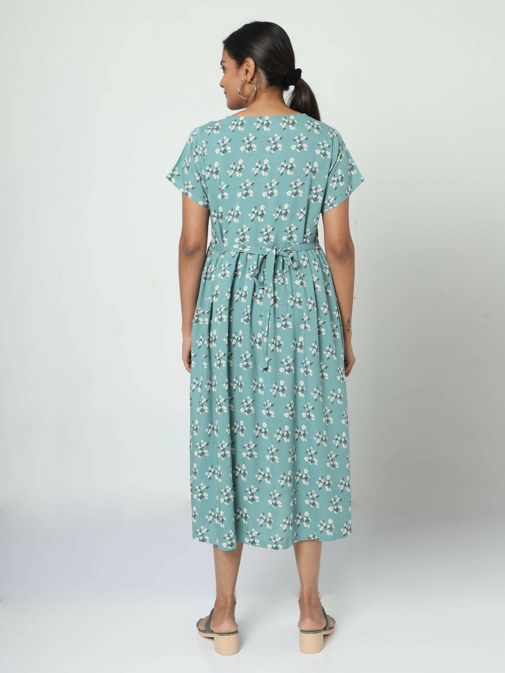 Manet Short Sleeves Maternity Dress Floral Print With Concealed Zipper Nursing Access - Green | Grocsy