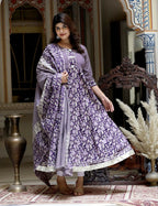 Miravan Women's Flower Printed Blue Anarkali Kurta With Beautiful Border And Dupatta | Grocsy