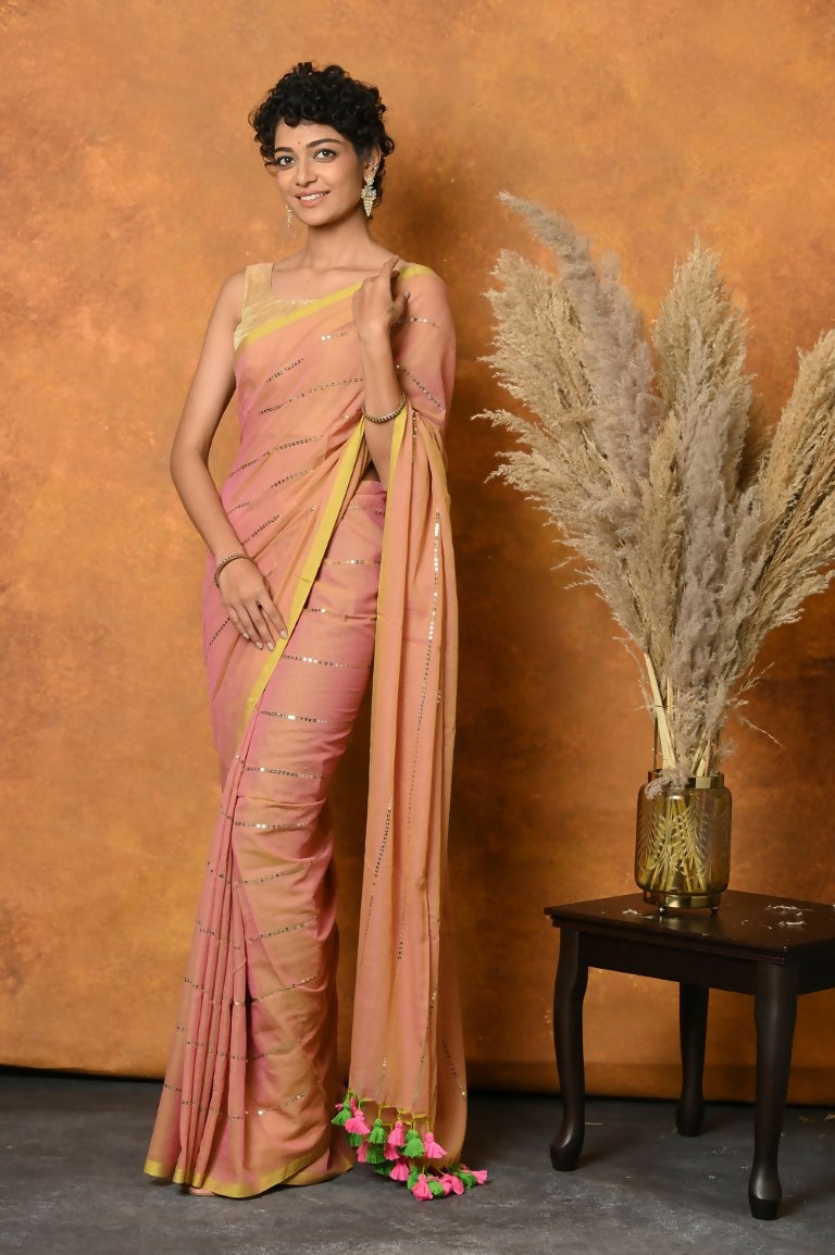 Very Much Indian Designer Mul Cotton Handloom Saree with Sequins - Peach | Grocsy