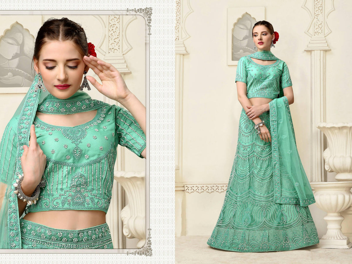 Green Net Fancy Zari Embroidered work Lehenga Choli with Dupatta - Heer | Grocsy