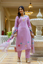The52 Lavender Women's Gorgeous Embroidered work Viscose Gadhwal Fabric Straight Kurta, Pant and Dupatta Set | Grocsy