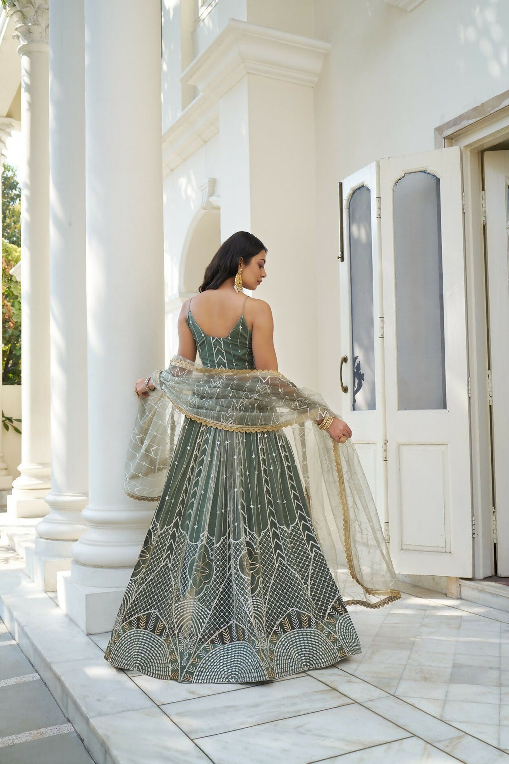 Eilara Glamorous Dusty Green Butterfly Net With Thread And Sequence Embroidered Work Fancy Lace Lehenga Choli For Wedding | Grocsy