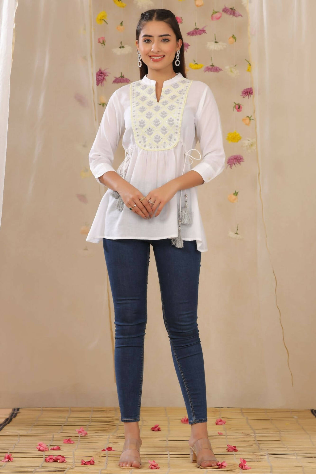 Juniper Women White Cotton Moss Embroidered A-Line Tunic | Grocsy