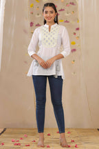 Juniper Women White Cotton Moss Embroidered A-Line Tunic | Grocsy