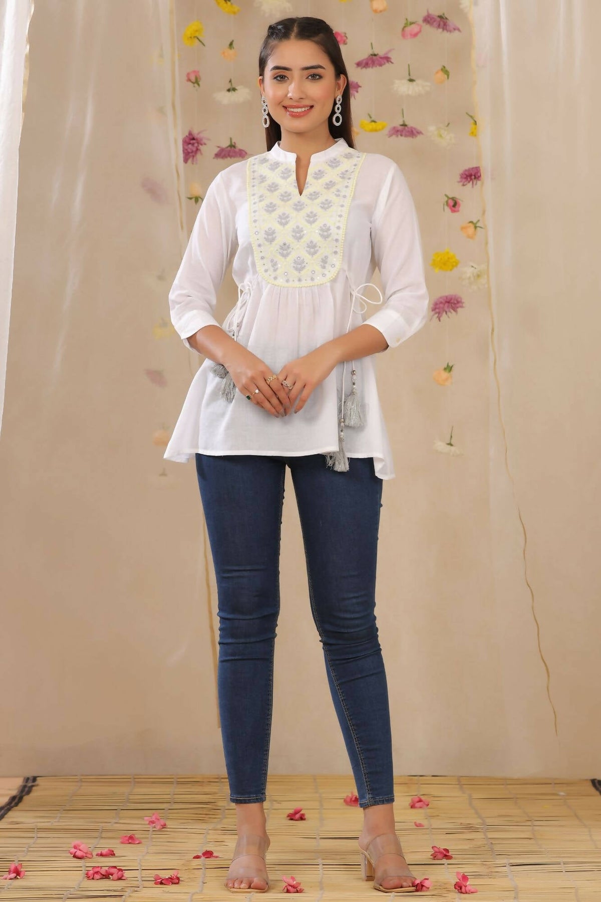 Juniper Women White Cotton Moss Embroidered A-Line Tunic | Grocsy