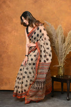 Very Much Indian Handblock Printed Cotton Saree With Natural Dyes - White | Grocsy