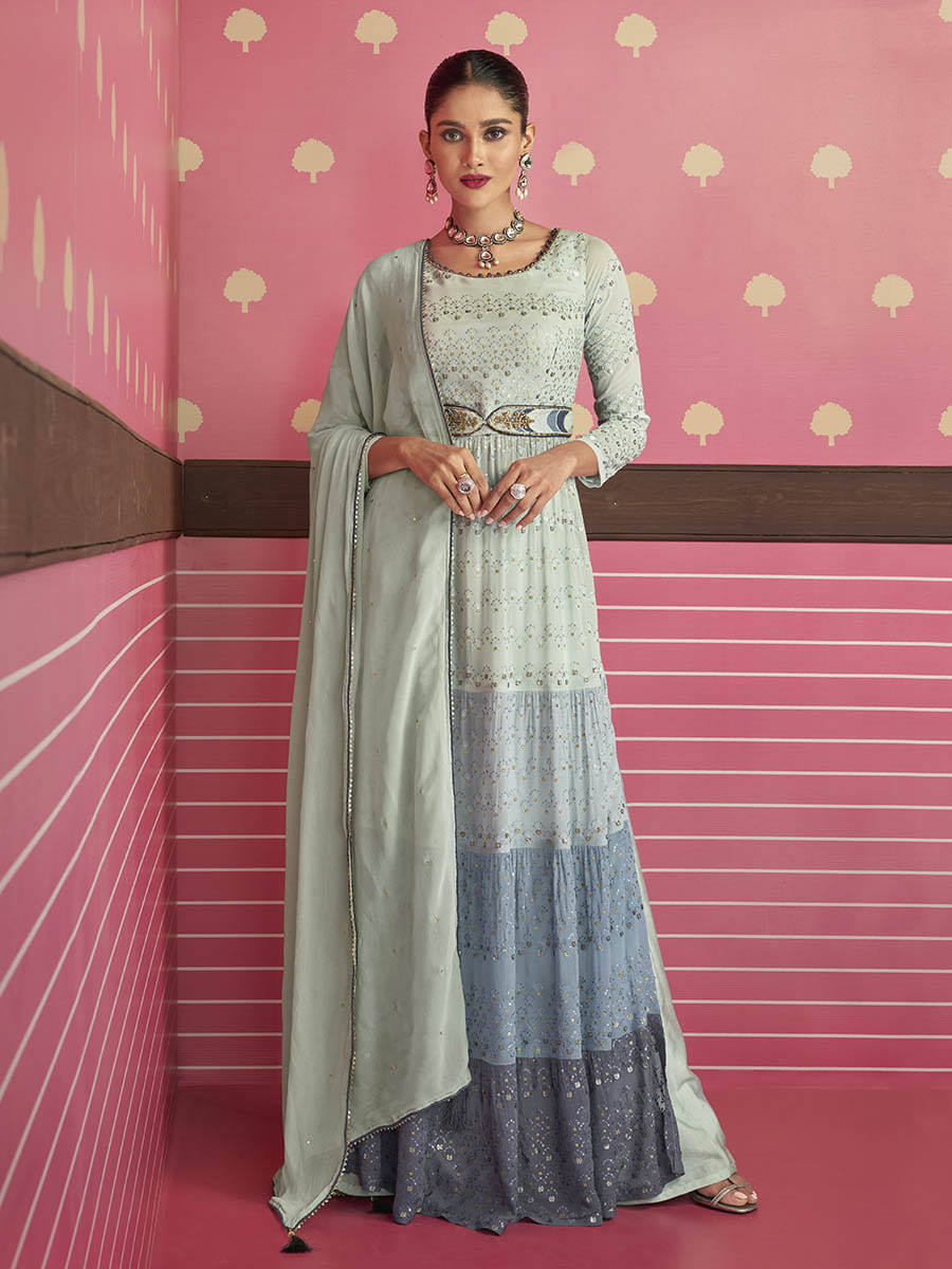 Myra Dusty Grey Real Georgette Designer Suit | Grocsy