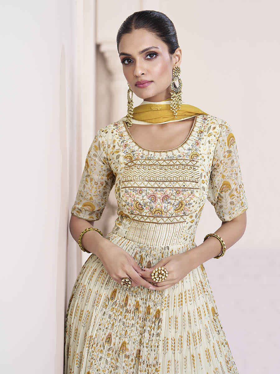 Myra Cream Georgette and Chinon Silk Gown Style Party Wear Suit | Grocsy