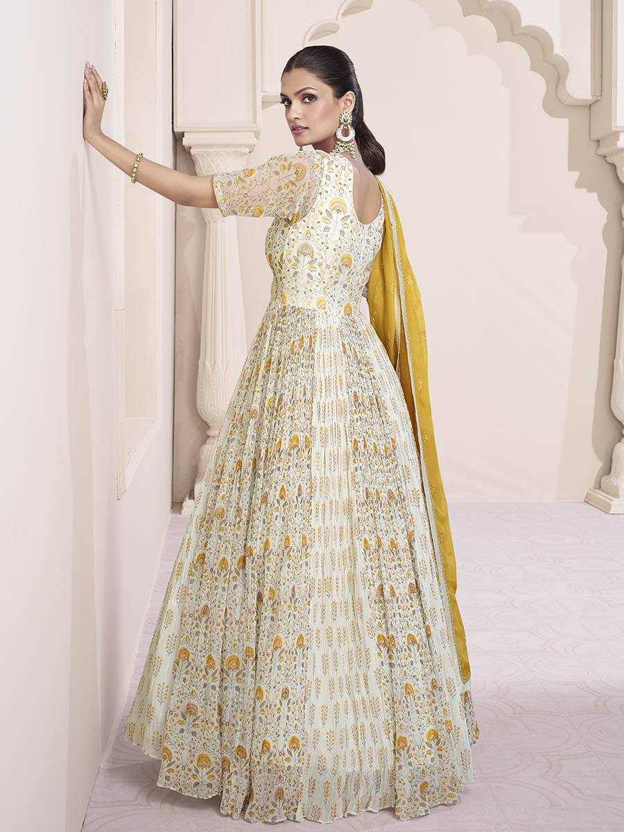 Myra Cream Georgette and Chinon Silk Gown Style Party Wear Suit | Grocsy