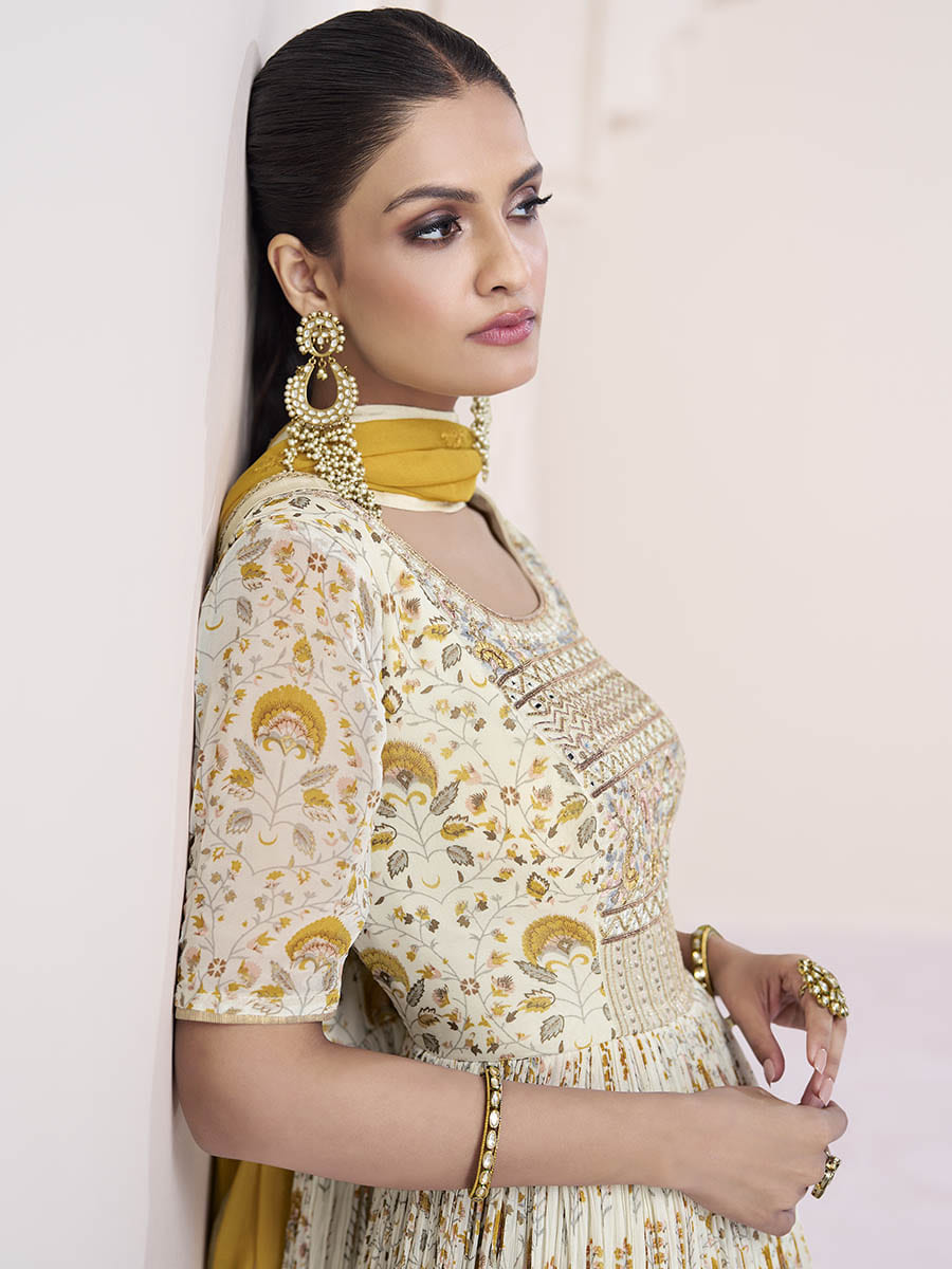 Myra Cream Georgette and Chinon Silk Gown Style Party Wear Suit | Grocsy