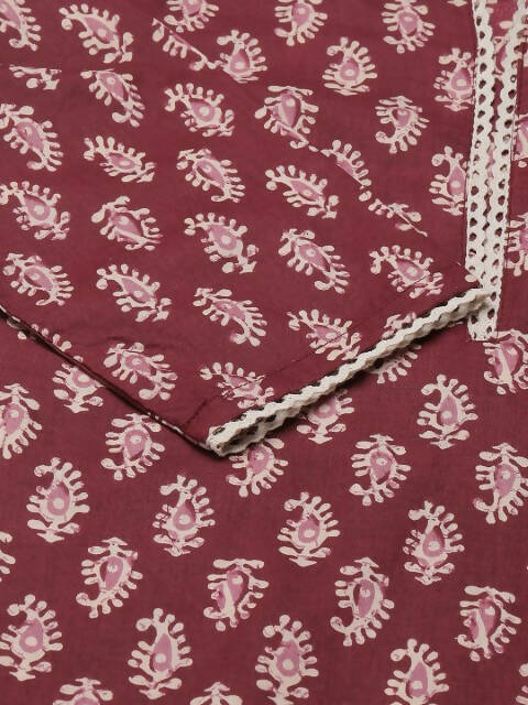 FIORRA Women's Maroon Cotton Straight Kurta Pant With Dupatta | Grocsy