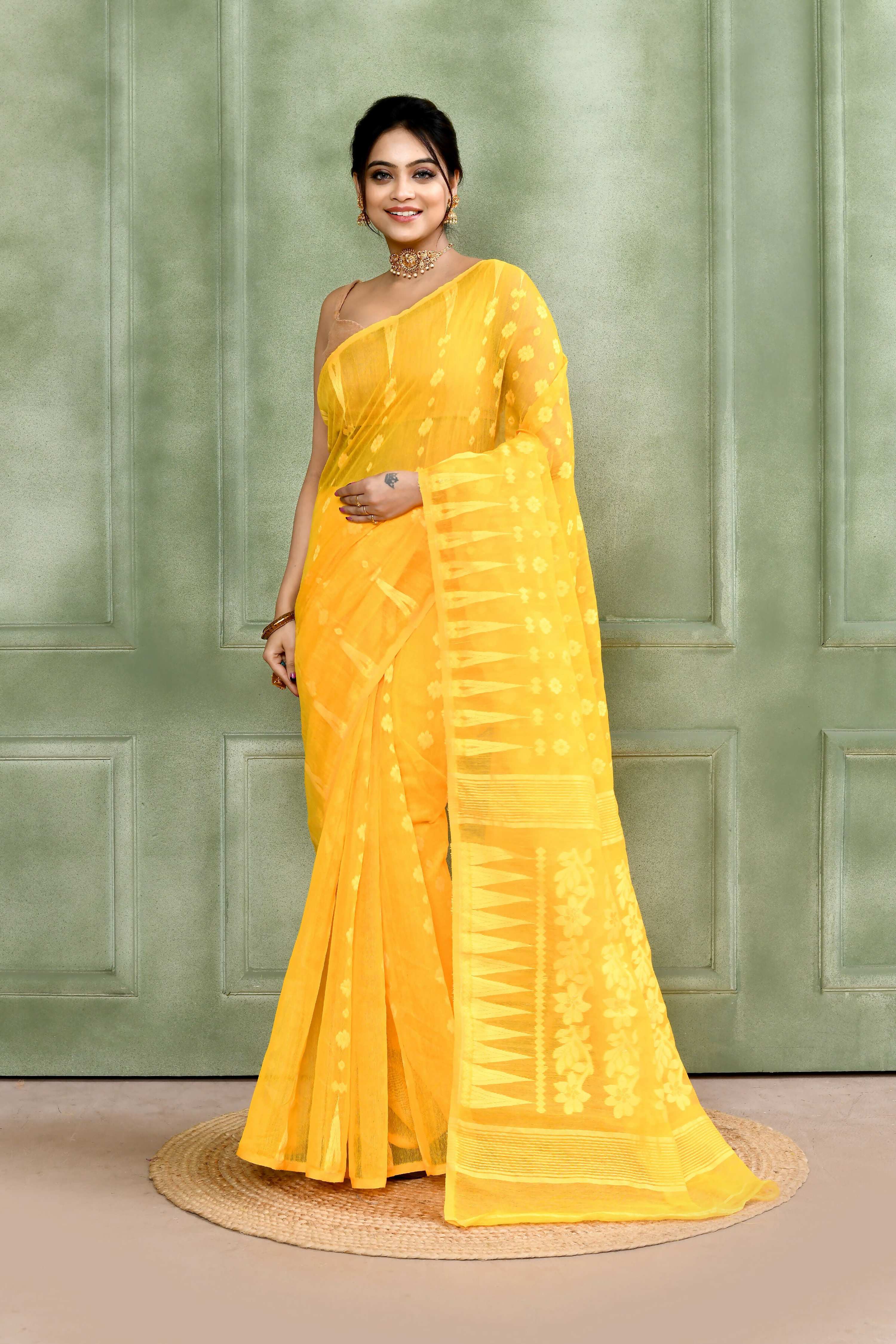Piyari Fashion Women's Yellow Embellished Cotton Blend Jamdani Saree | Grocsy
