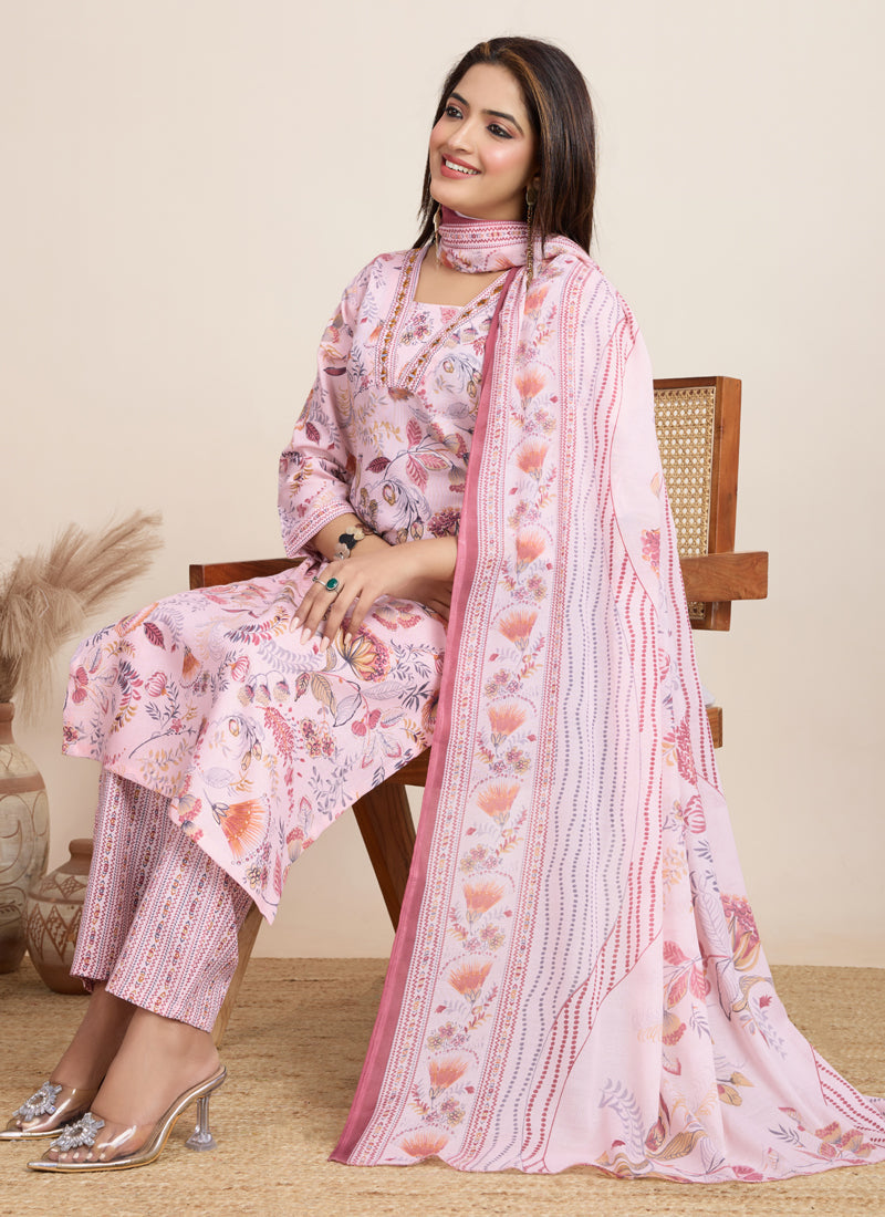 Prazu Fashion Baby Pink Printed Cotton Blend Festival Wear Salwar Suit | Grocsy