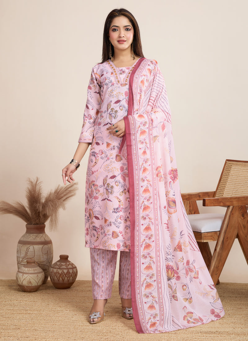 Prazu Fashion Baby Pink Printed Cotton Blend Festival Wear Salwar Suit | Grocsy
