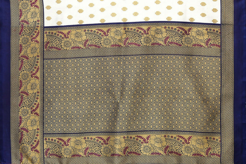 Vamika white & navy Printed Art Silk Saree | Grocsy