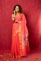 Very Much Indian Exclusive! Handloom Pure Cotton Paithani in Most Traditional Pink with Pichwai Pallu | Grocsy