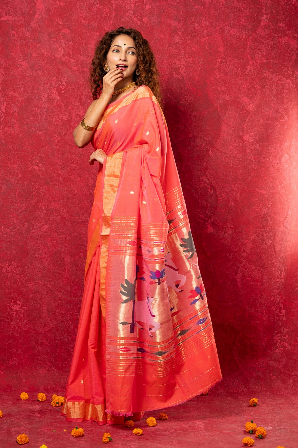 Very Much Indian Exclusive! Handloom Pure Cotton Paithani in Most Traditional Pink with Pichwai Pallu | Grocsy
