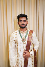 White Hand Embroidery Designer Men's Pattu Kurta Set by Hilo Design | Grocsy