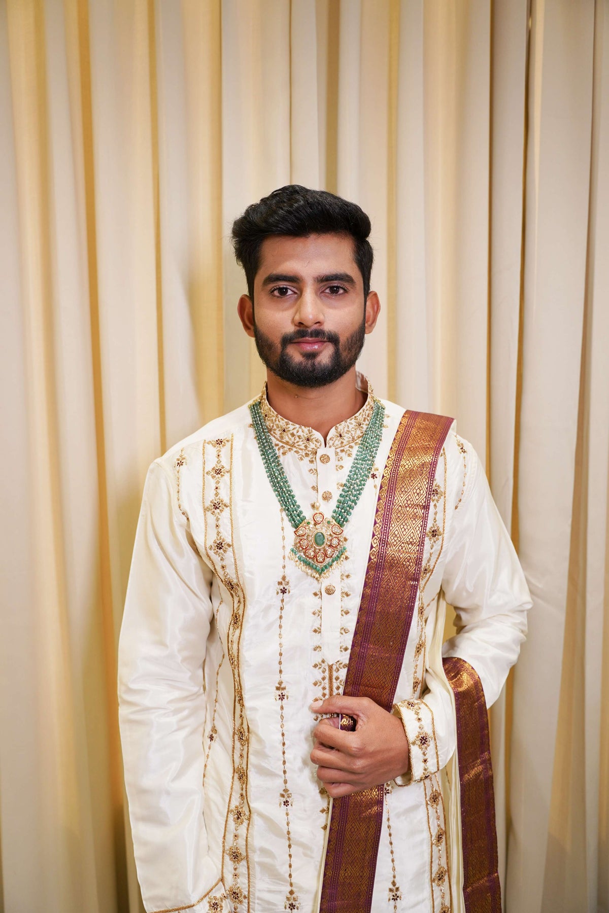 White Hand Embroidery Designer Men's Pattu Kurta Set by Hilo Design | Grocsy