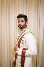 White Hand Embroidery Designer Men's Pattu Kurta Set by Hilo Design | Grocsy
