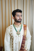White Hand Embroidery Designer Men's Pattu Kurta Set by Hilo Design | Grocsy