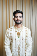 White Hand Embroidery Designer Men's Pattu Kurta Set by Hilo Design | Grocsy