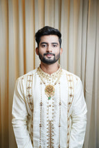 White Hand Embroidery Designer Men's Pattu Kurta Set by Hilo Design | Grocsy