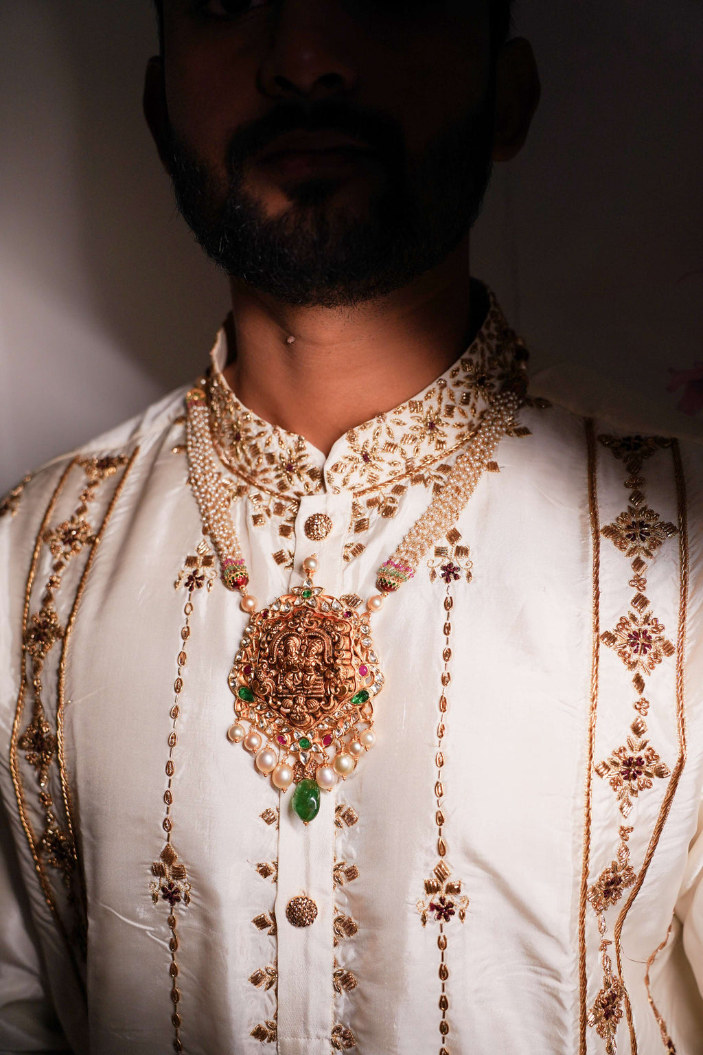 White Hand Embroidery Designer Men's Pattu Kurta Set by Hilo Design | Grocsy