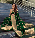 Vamika Weaving Banarasi Jacquard Green Kanjivaram Saree | Grocsy