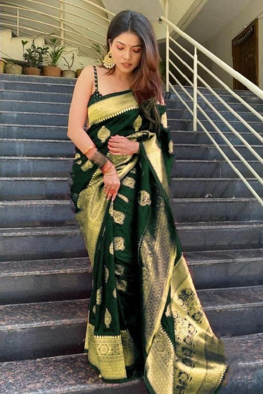 Vamika Weaving Banarasi Jacquard Green Kanjivaram Saree | Grocsy