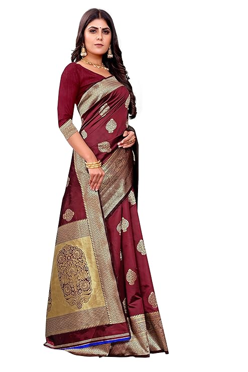 Vamika Weaving Banarasi Jacquard Maroon Kanjivaram Saree | Grocsy