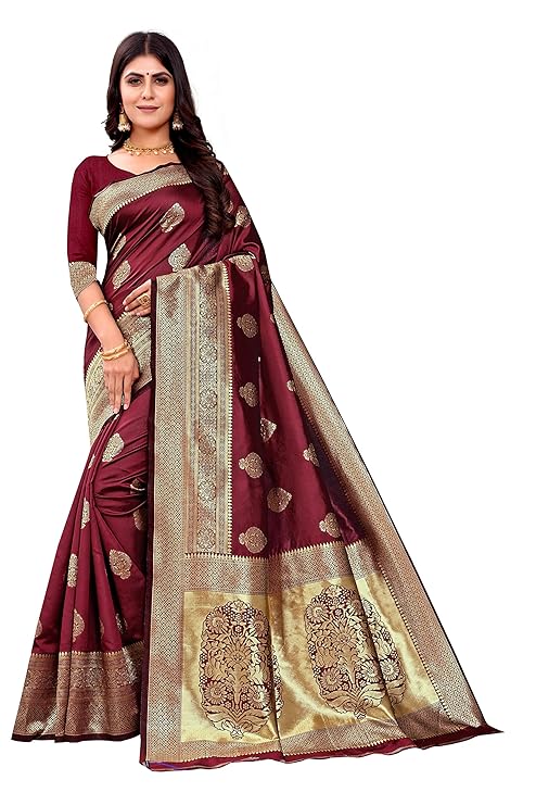 Vamika Weaving Banarasi Jacquard Maroon Kanjivaram Saree | Grocsy