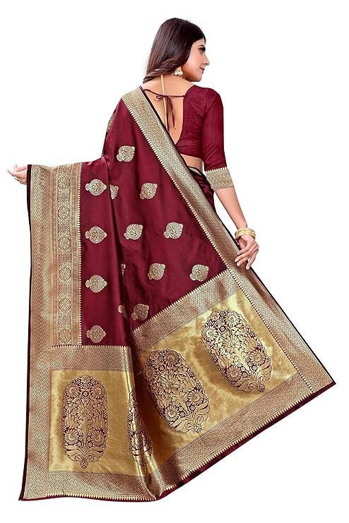 Vamika Weaving Banarasi Jacquard Maroon Kanjivaram Saree | Grocsy