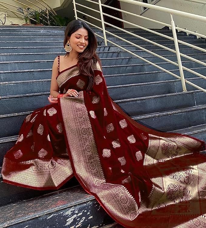 Vamika Weaving Banarasi Jacquard Maroon Kanjivaram Saree | Grocsy