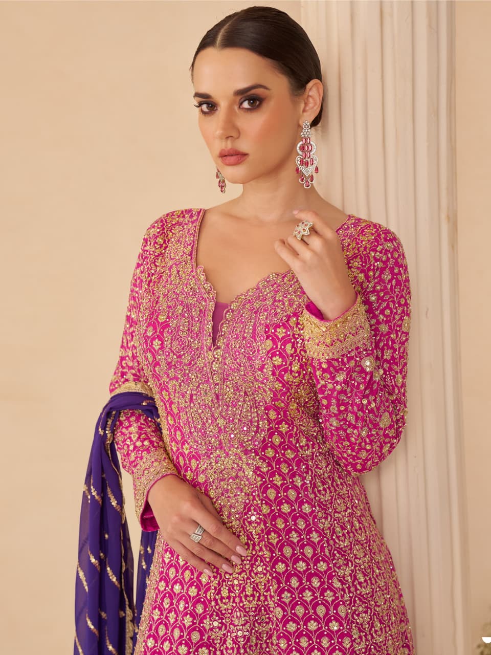 Aarshi Fashions Rose Pink Pure Georgette Full Stitched Suit | Grocsy