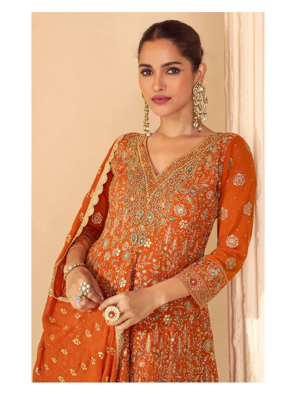 Aarshi Fashions Orange Pure Georgette Full Stitched Suit | Grocsy
