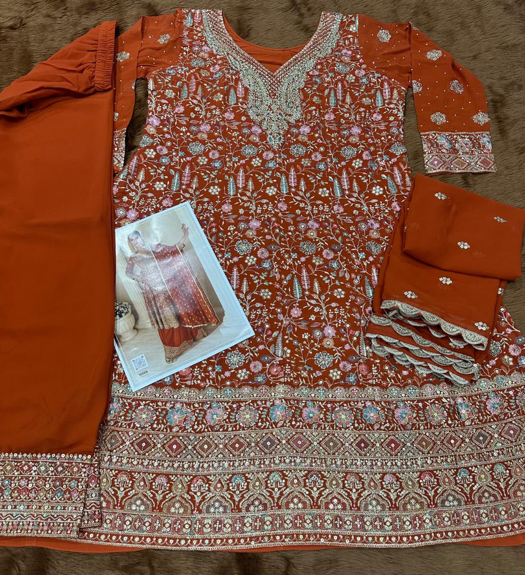 Aarshi Fashions Orange Pure Georgette Full Stitched Suit | Grocsy
