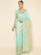 Janasya Sea Green Chanderi Silk Polka Design Woven Design Saree | Grocsy