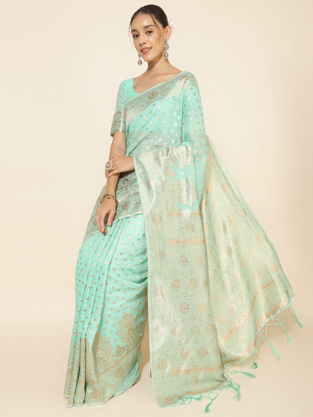 Janasya Sea Green Chanderi Silk Polka Design Woven Design Saree | Grocsy